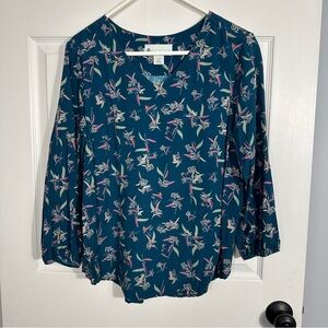 Ella Simone/Vermont Country Store teal floral popover top, sz M, v-neck
